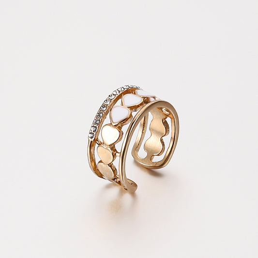 Gold Plated Heart Ring Unisex Korean Style Alloy With Artificial Gems Inlaid Geometric Jewelry For Fashion Lovers