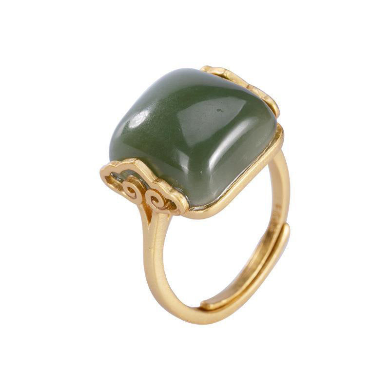 Womens Adjustable Retro Jade Ring Ethnic Gold Plated Inlay Artificial Gemstone Jewelry Statement Piece Jewelry