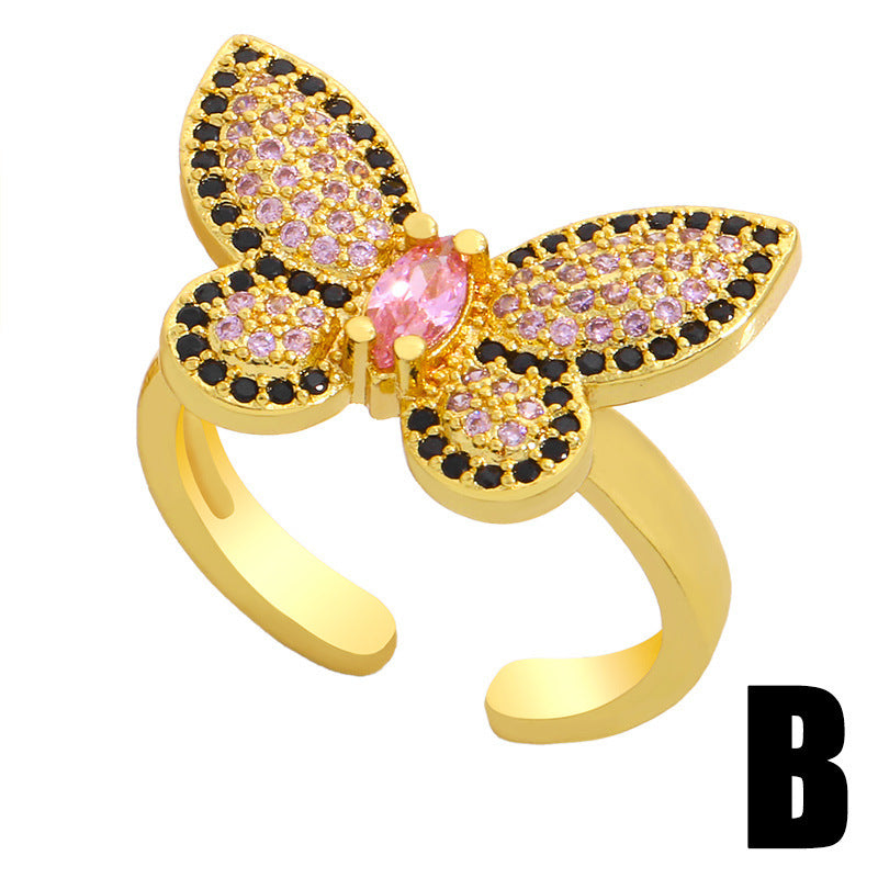 Womens Butterfly Ring With Rhinestones Gold Plated Copper Adjustable Open Band Korean Fashion Jewelry Gift Now