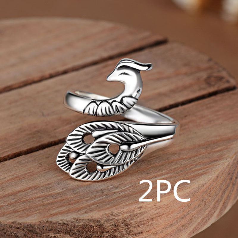 Womens Adjustable Copper Ring Peacock Inlaid Gem Electroplated Retro Design Ring For Women With Colorful Gem Inlays