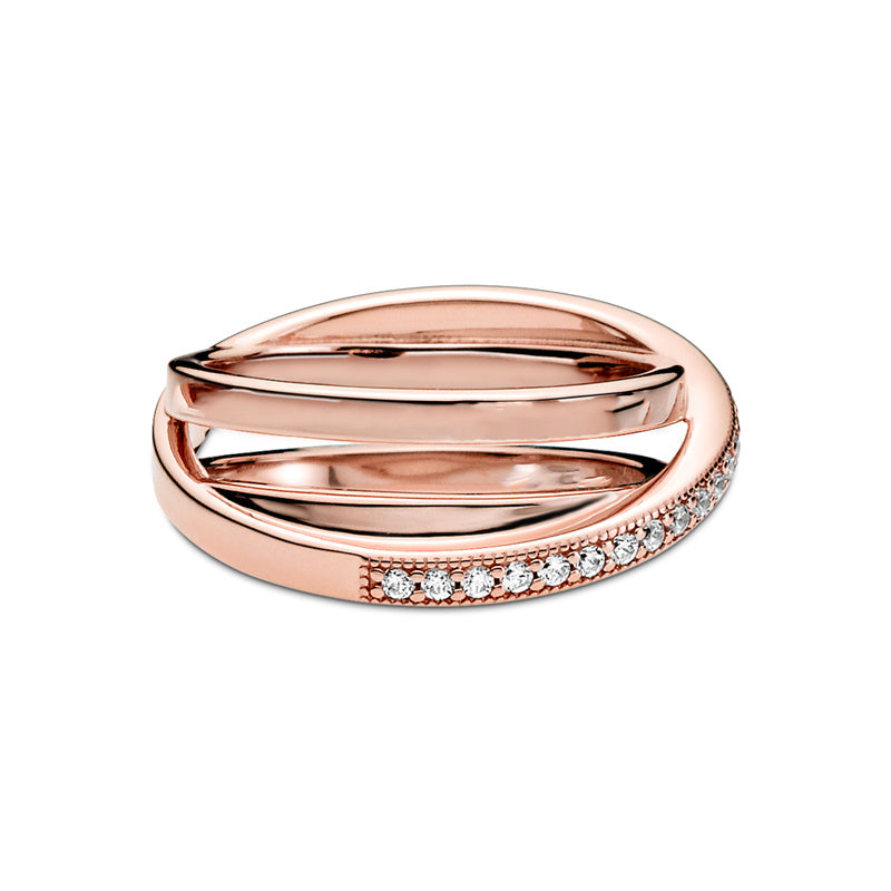 Rose Gold Pave Interlaced Three Ring Stacking Ring Womens Copper Silver Alloy Geometric Ring Fan Logo Inlay Gems