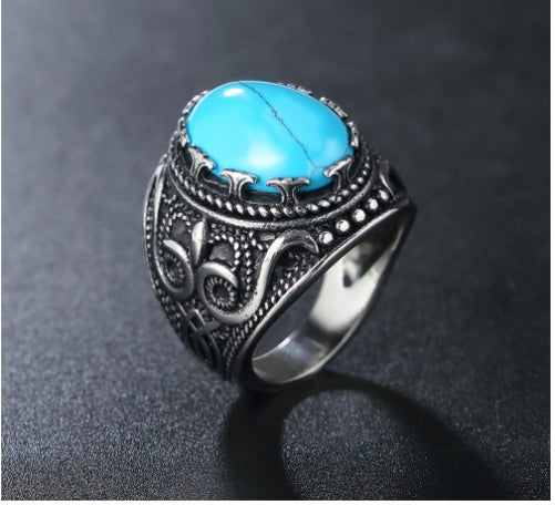 Mens Stainless Steel Ring European American Retro Gemstone Brown Blue Silver Gold Ring Sizes 7 8 9 10 11 12 13