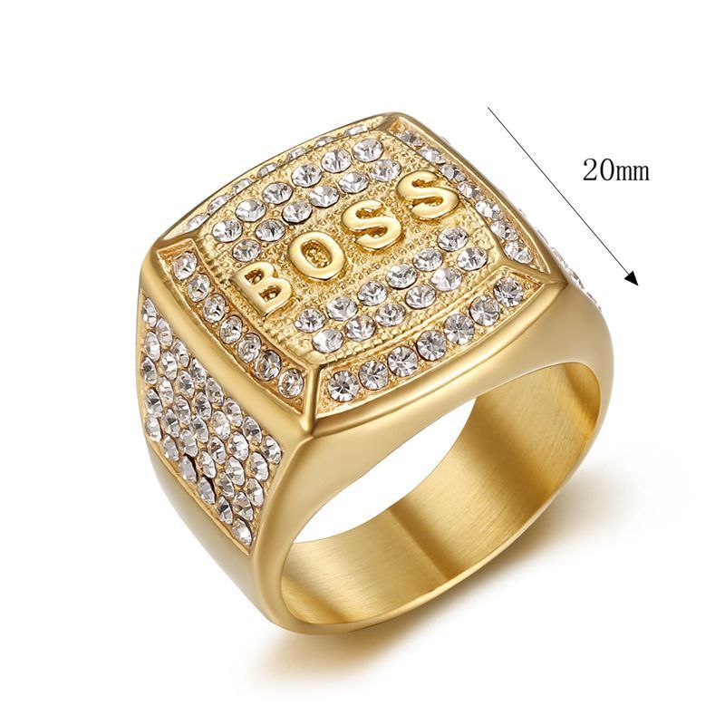 Men's Titanium Steel Ring with Rhinestone Square Gold or Steel Finish Band Ring for Him