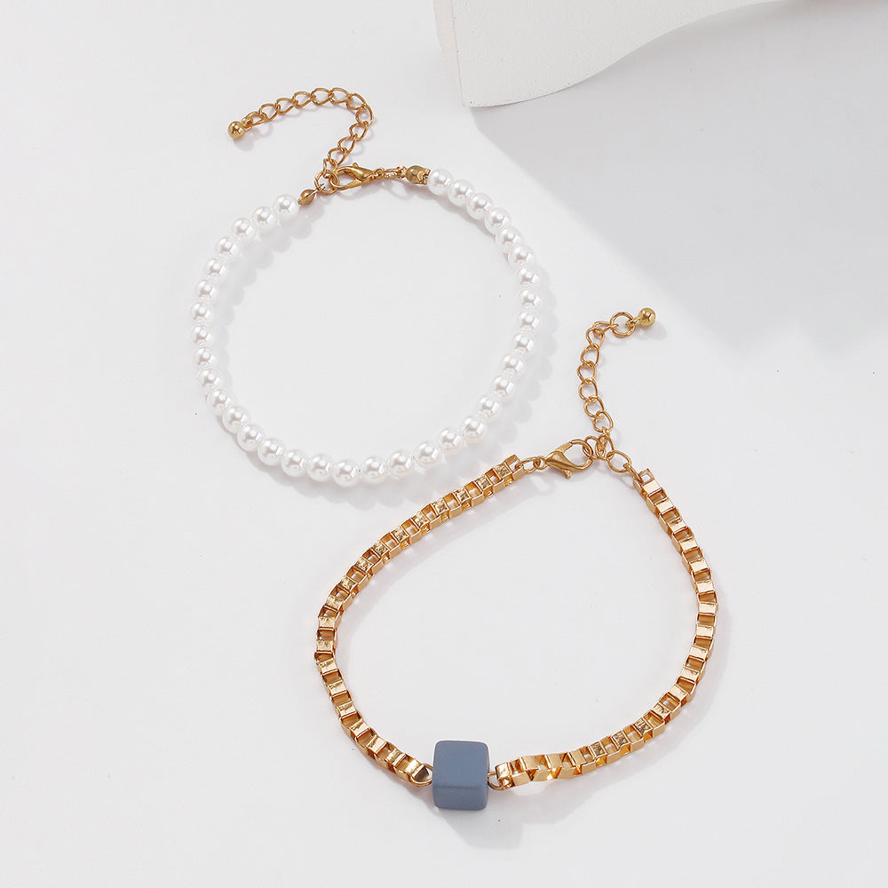 Womens Double Layer Geometric Anklet With Imitation Pearl And Resin Electroplated Gold Finish Size 21 to 27 cm