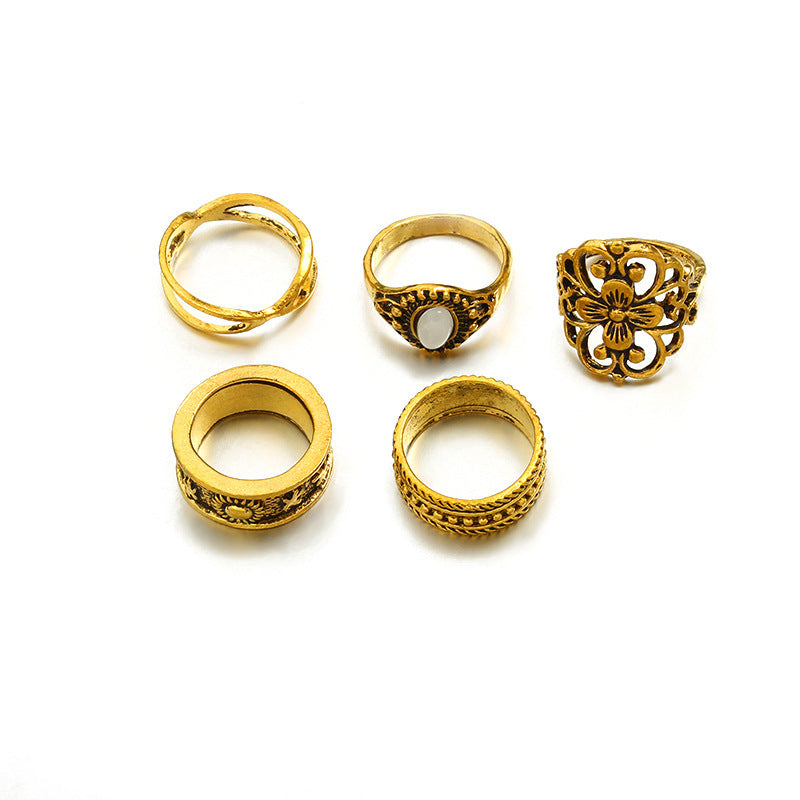 Womens Vintage Ring Set 5 Piece Alloy Hollow Carved Pattern Geometric Design And Electroplated Finish Gold Hue