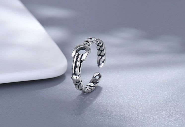 Sterling Silver Geometric Ring Adjustable Open Design Unisex Ring Electroplated Finish Vertebrae Twine Detailing Unique