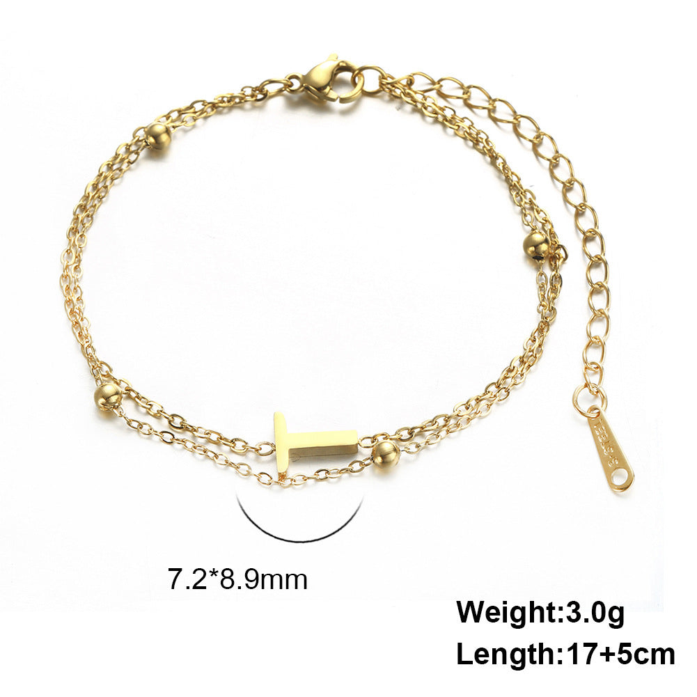 Womens Stainless Steel Double Layer Chain Bracelet With Initial Pendant Electroplated Finish Jewelry Gift Gold