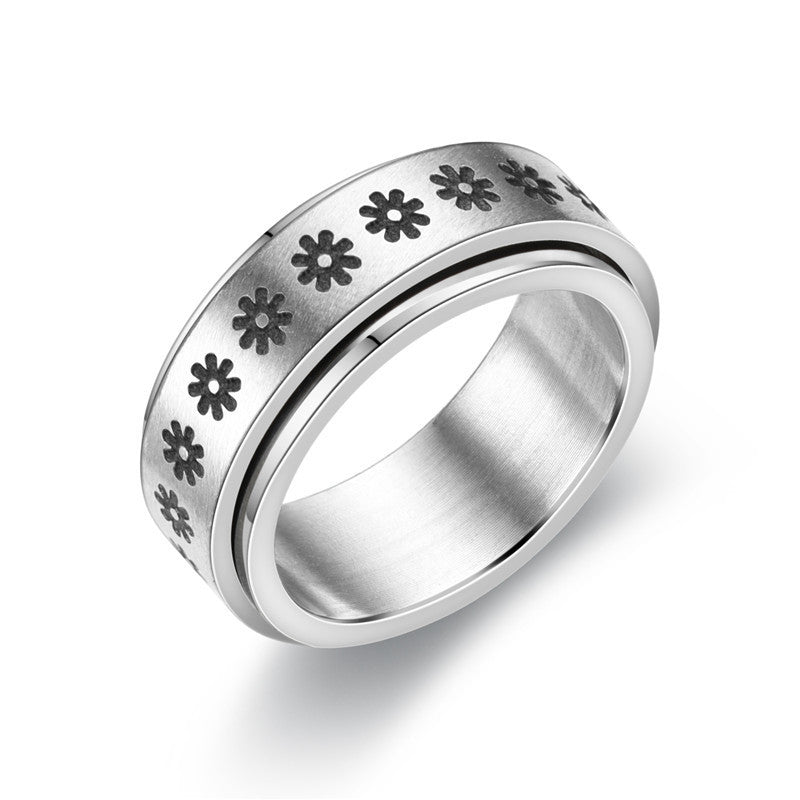 Mens Stainless Steel Ring Rotating Double Spinner Band Floral Design Durable Metal Ring For Men Fashion Modern