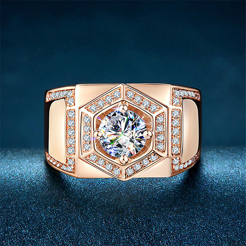 Mens Hexagonal Diamond Ring 18K Rose Gold Plated Platinum Finish Adjustable Band Geometric Jewel Gifts for Him