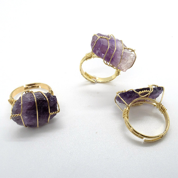 Womens Amethyst Gold Plated Winding Ring Crystal Geometric