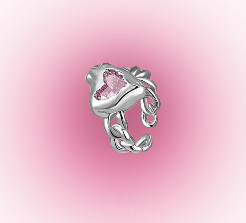 Opal Stone Love Heart Shaped Tin Foil Silver Plated Ring With Geometric Bow Alloy Inlay Jewelry Couple Style Design