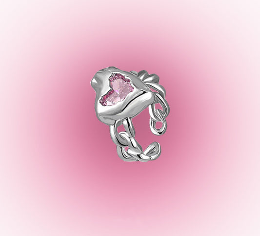 Opal Stone Love Heart Shaped Tin Foil Silver Plated Ring With Geometric Bow Alloy Inlay Jewelry Couple Style Design