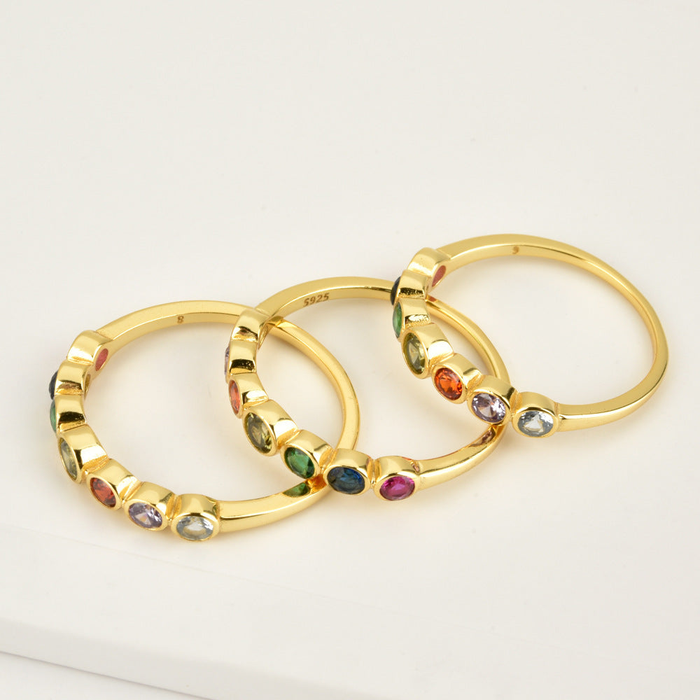 Womens Sterling Silver Geometric Ring Rainbow Zircon Electroplated Platinum Or 18K Gold Finish Fashion Jewelry For Women