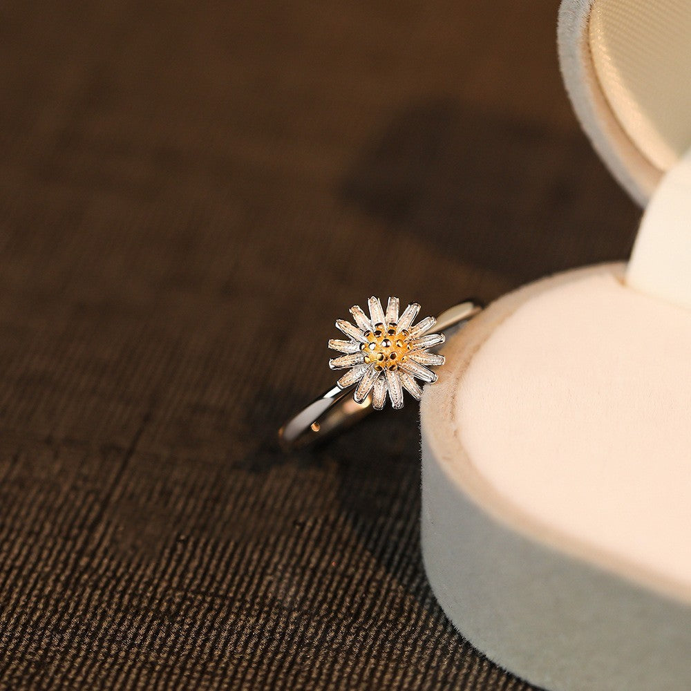 Yellow Daisy Flower Ring For Women Adjustable Silver