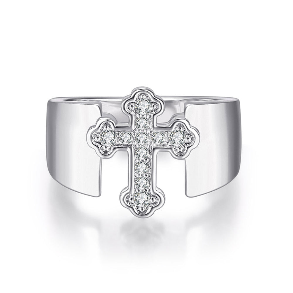 Womens Rose Gold Plated Copper Ring Inlaid Zircon Cross Design 1.5cm Wide Surface Ring For Women And Girls Now