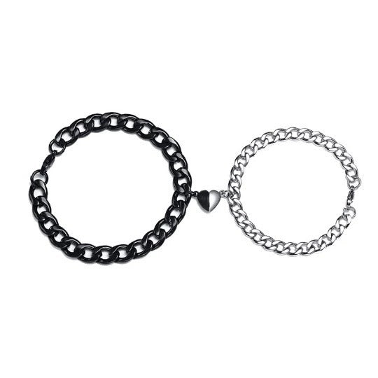 Couple Magnetic Cuban Link Heart Bracelets Set His Hers Fashion Metal Jewelry Black White Gold Finishes Colors