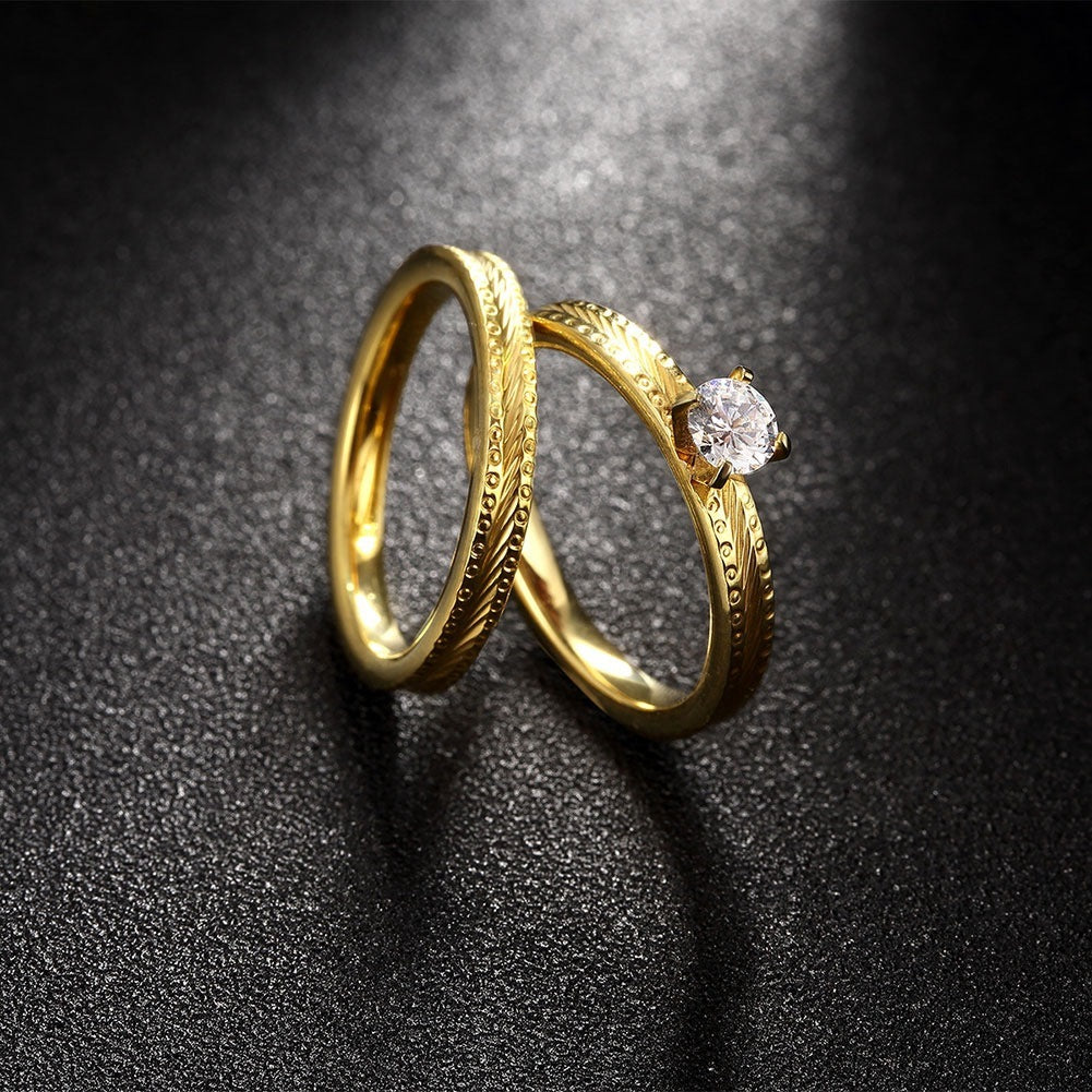 Womens Double Layer Stainless Steel RingSet Detachable Gold Tone Diamond Accented Fashion Jewelry Gift For Her