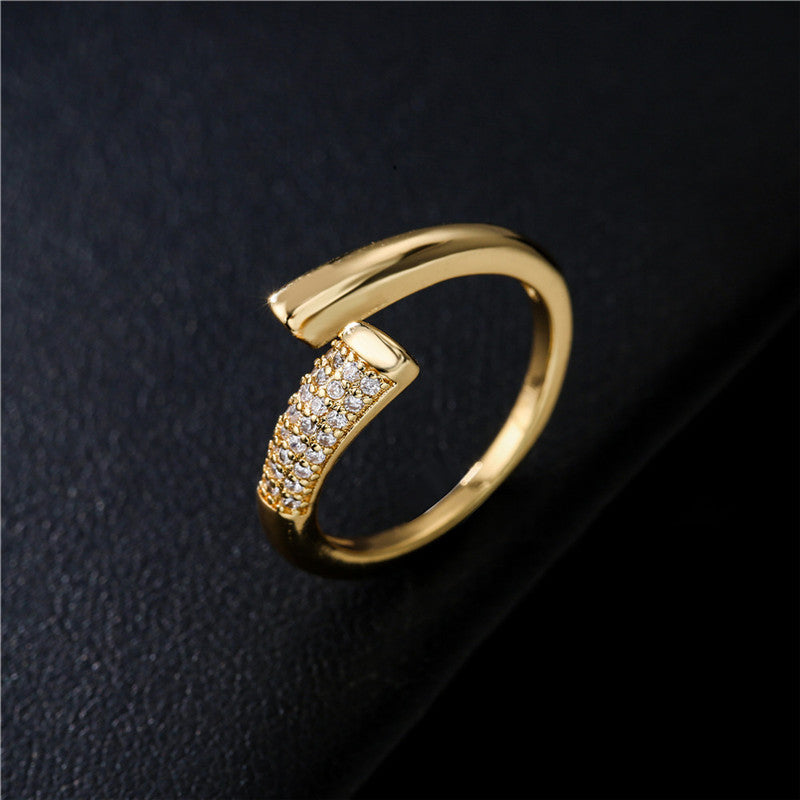 Womens Gold Electroplated Copper Ring With Micro Set Zircon Elegant Adjustable Opening European American Style Jewelry