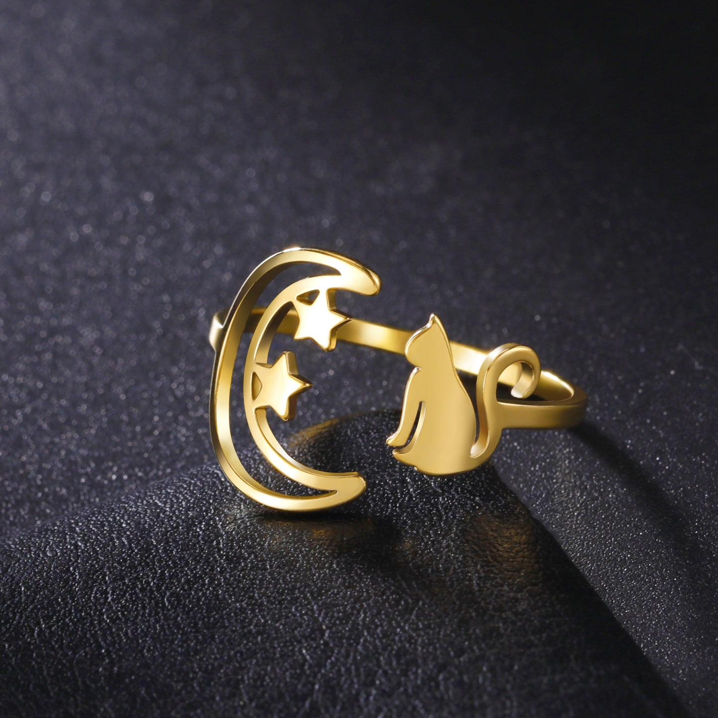 Unisex Crescent Star Ring Stainless Steel Gold Tone