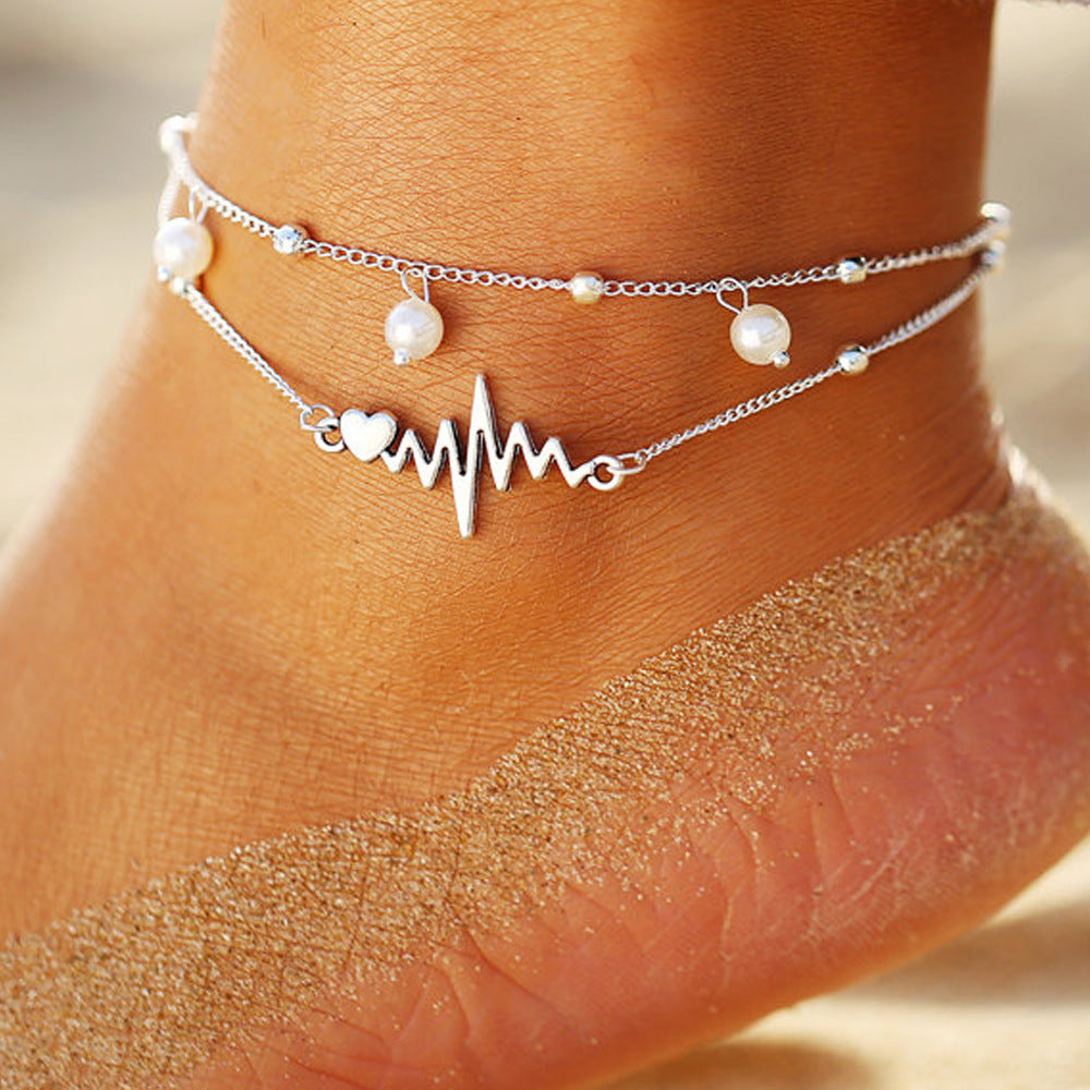 Unisex Double Layer Pearl Anklet ECG Design Ankle Bracelet Alloy Beach Jewelry European American Everyday Wear