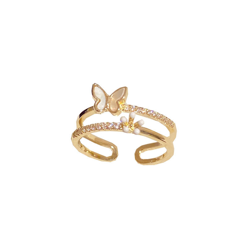 Women Double Layered Butterfly Ring With Diamond Accent Gold Plated Copper Jewelry Gleaming Daily Wear Jewelry