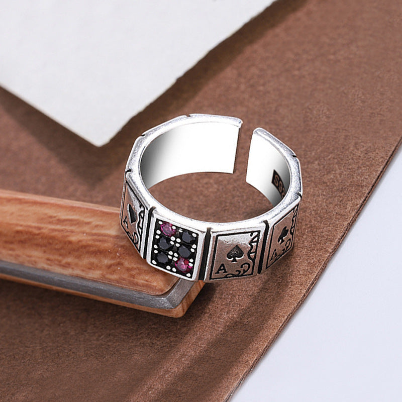Unisex Adjustable Alloy Ring Inlaid Zircon Retro Black And Peach Playing Card Design Hip Hop Ring For Men Women