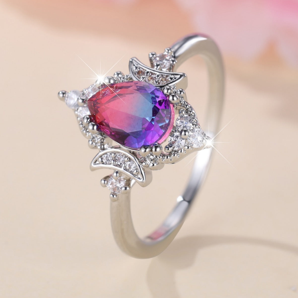 Copper Crown Ring Women Water Drop Tourmaline Style Fashionable Personality Statement Jewelry Silver Rose Blue