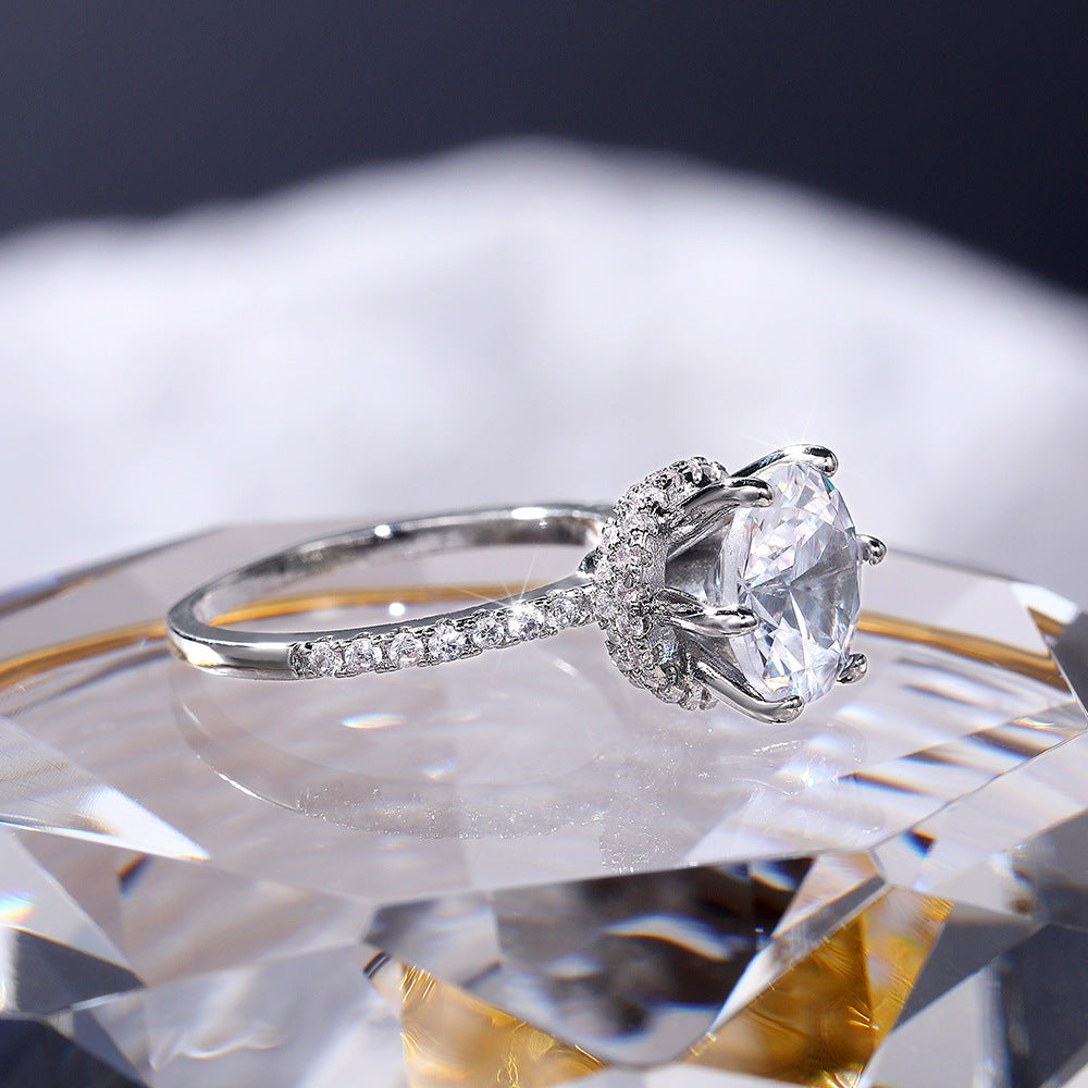 Womens Zircon Six Claw Inlaid Ring Gold Plated Copper Wedding Jewelry For Her Elegant Gift For Occasions Classic