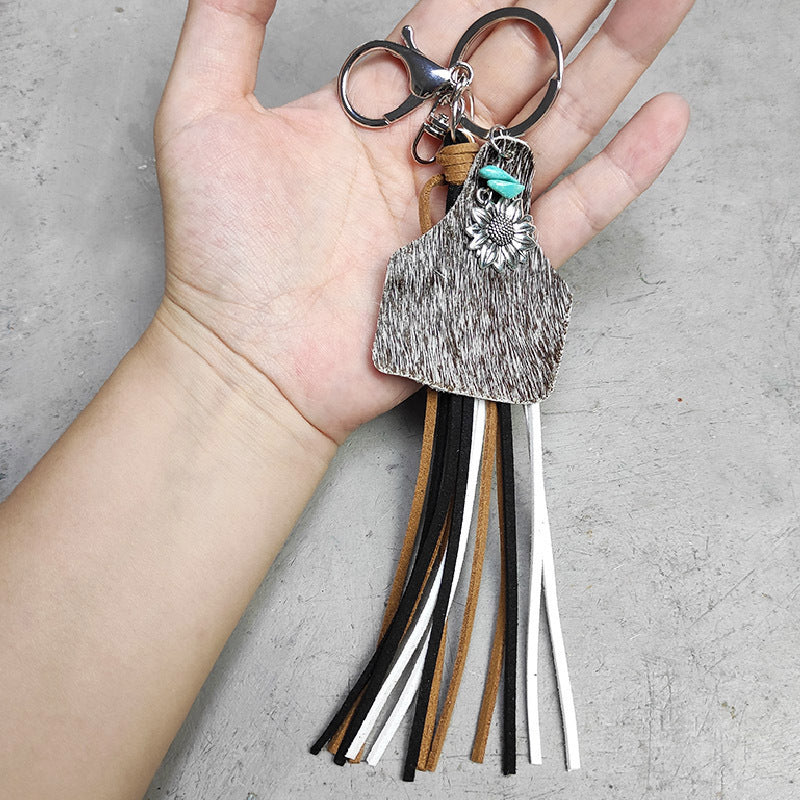 Womens Leather Keychain Turquoise Sunflower Charm Geometric Cow Design Tassel Electroplated Keyring Sweet Charm