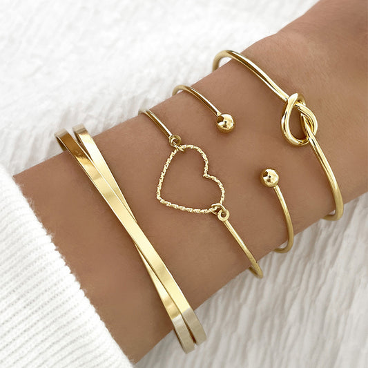 Gold Bracelet Set For Women With Crystal Heart Charms Adjustable Bangle And Multi Layer Geometric Jewelry Gift Set