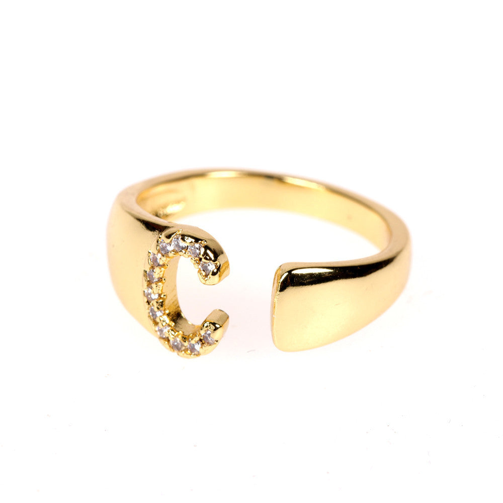 Women Initial Letter Ring Adjustable Gold Plated Diamond Accent Personalized Alphabetical Jewelry Gift For Her