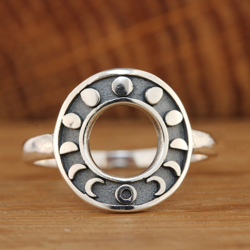 Womens Vintage Geometric Ring Antique Silver Electroplated Alloy Adjustable Band Sun Moon Celestial Design Ring