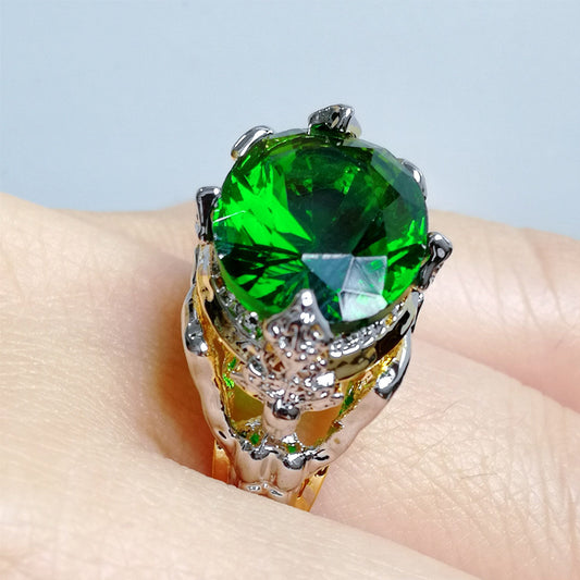 Dual Tone Emerald Zircon Rings For Ladies Ovalish Inlay Alloy Jewelry Gift For Her Elegant Fashion Accessories