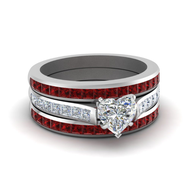 Couple Ring Set In Heart Ruby Accent And Diamond Inlay Trendy Matching Alloy Bands For Him And Her Anniversary