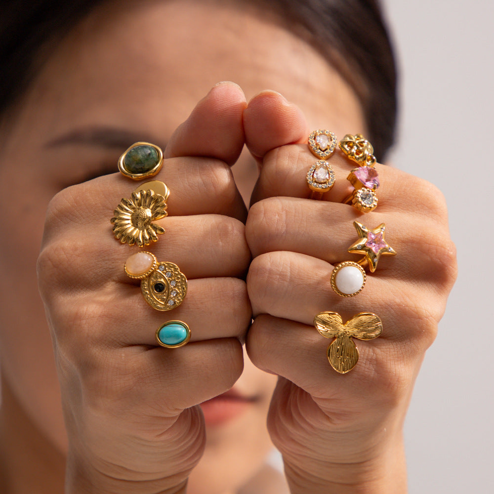 Women Stainless Steel Ring Electroplated Geometric Round Ornament French Retro Style Jewelry Gift For Her Modern Edition