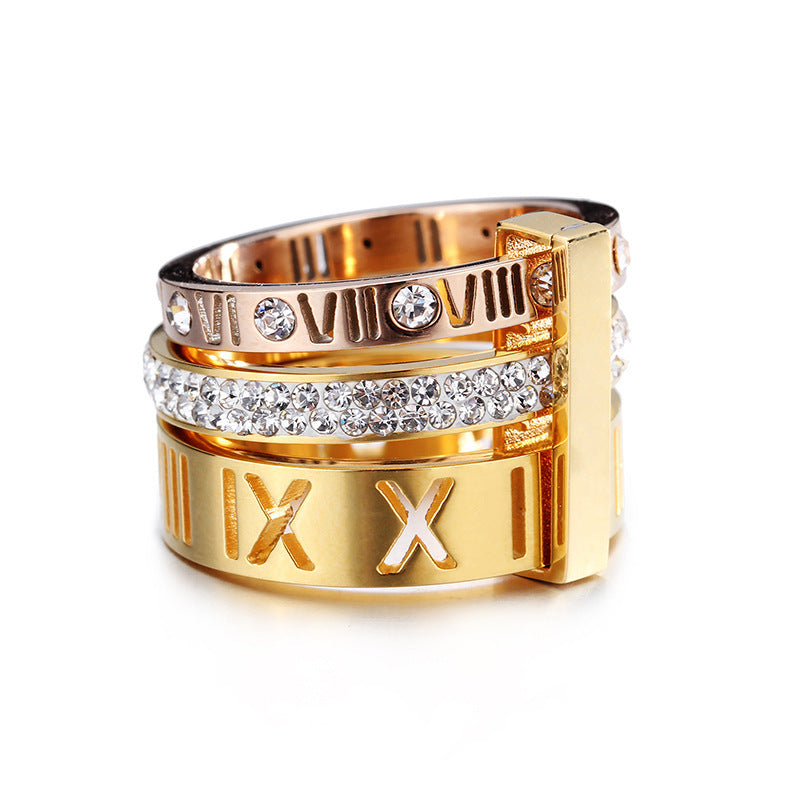 Titanium Steel Rhombus Ring Exotic Inlaid Zircon Two Tone Fashion Ring with Diamond Roman Letters Nippon Korea