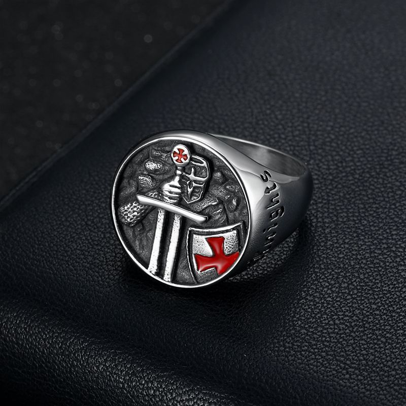 Titanium Steel Templar Templar Samurai Inscription Red Epoxy Cross Men's Ring