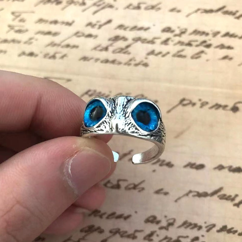 Vintage Owl Ring With Gemstone Adjustable Silver Jewelry Animal Zodiac Design Gift For Men Women Unisex Accessory