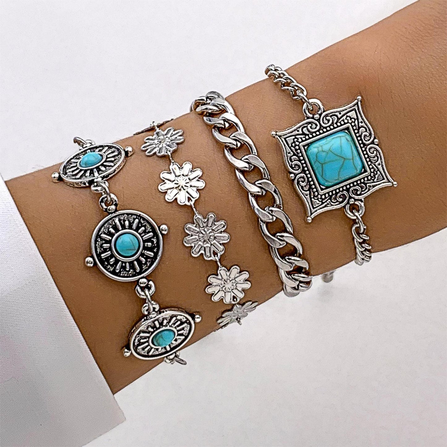 Womens Bracelet Set Electroplated Alloy Fashion Jewelry Collection Turquoise Leaf And Bow Geometric Design Hand Jewelry