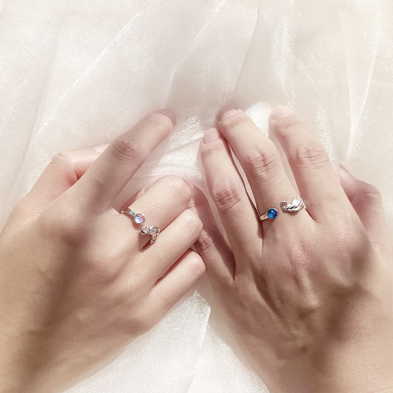Angel Demon Wings Couple Rings Set Sterling Silver Diamond Accent Adjustable Opening Matching Gemstone Details