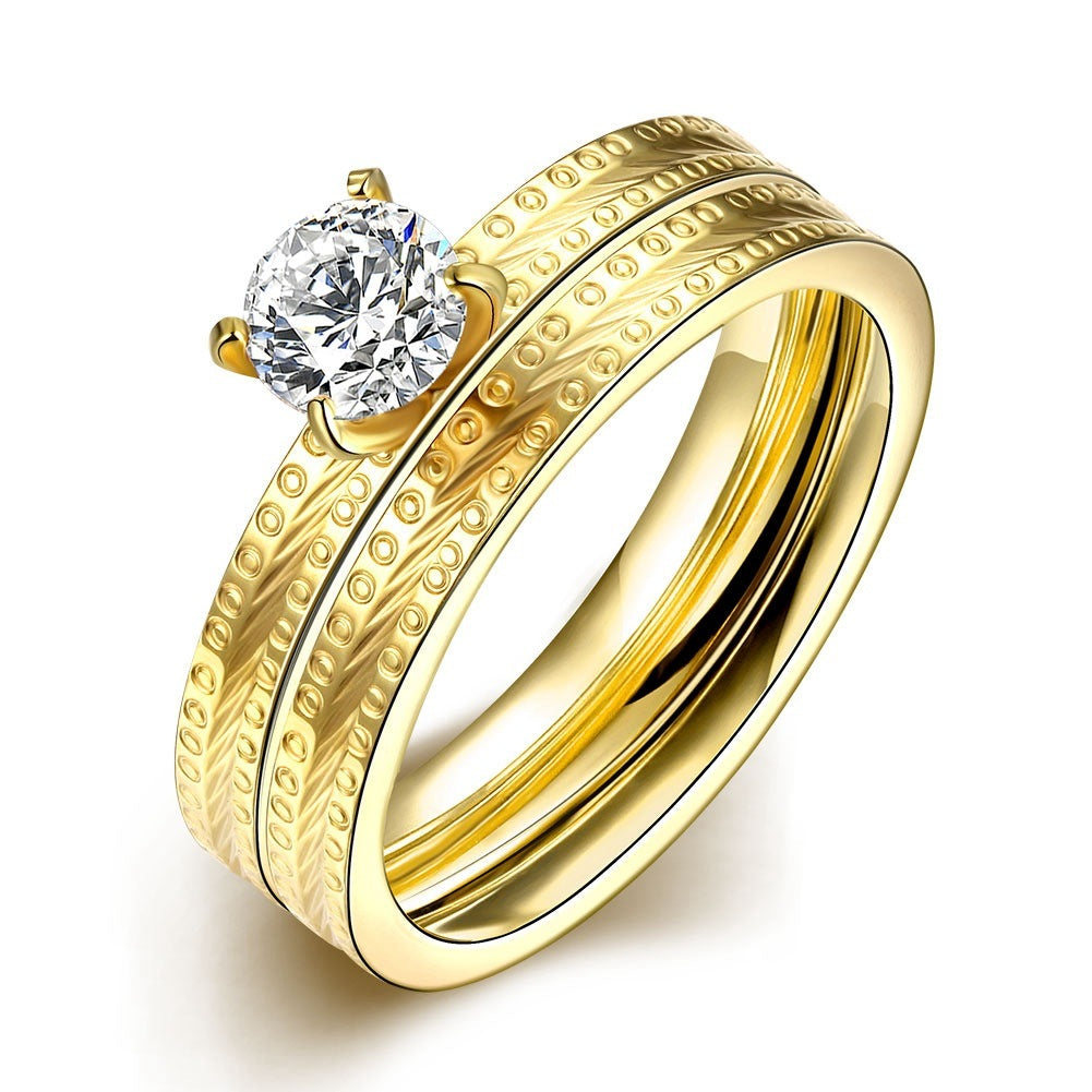 Womens Double Layer Stainless Steel RingSet Detachable Gold Tone Diamond Accented Fashion Jewelry Gift For Her