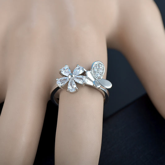 Womens Flower Ring Elegant Copper Ring With Zircon Micro Inlaid Detailing Hand Polished Silver Jewelry Shimmer