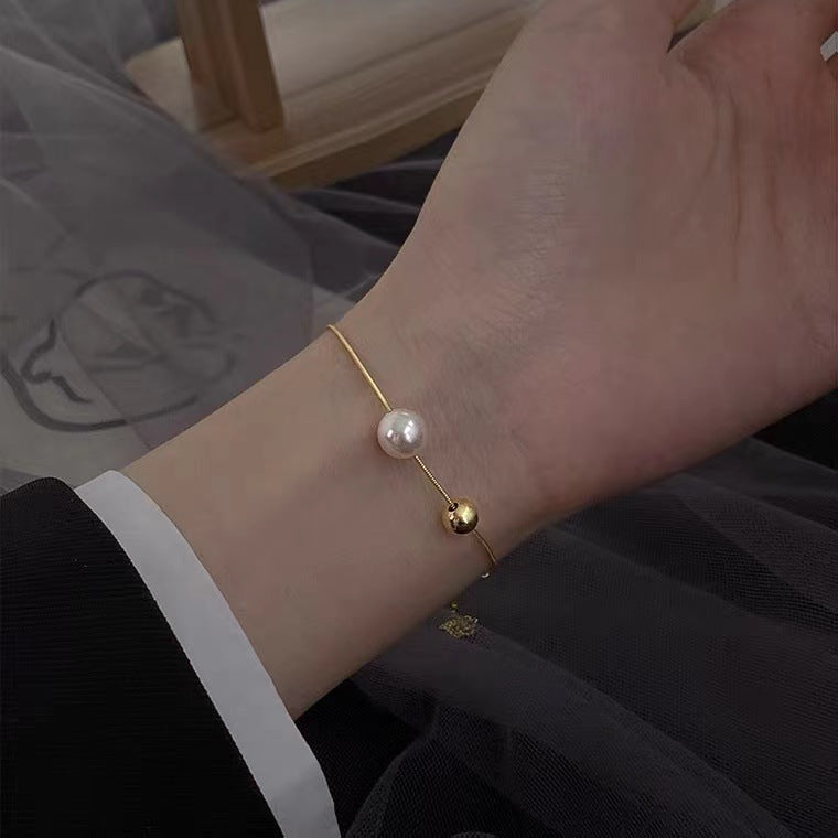 Geometric Copper Bracelet For Women With Double Round Pearl Beads Adjustable Length Bangle Elegant Fashion Jewelry