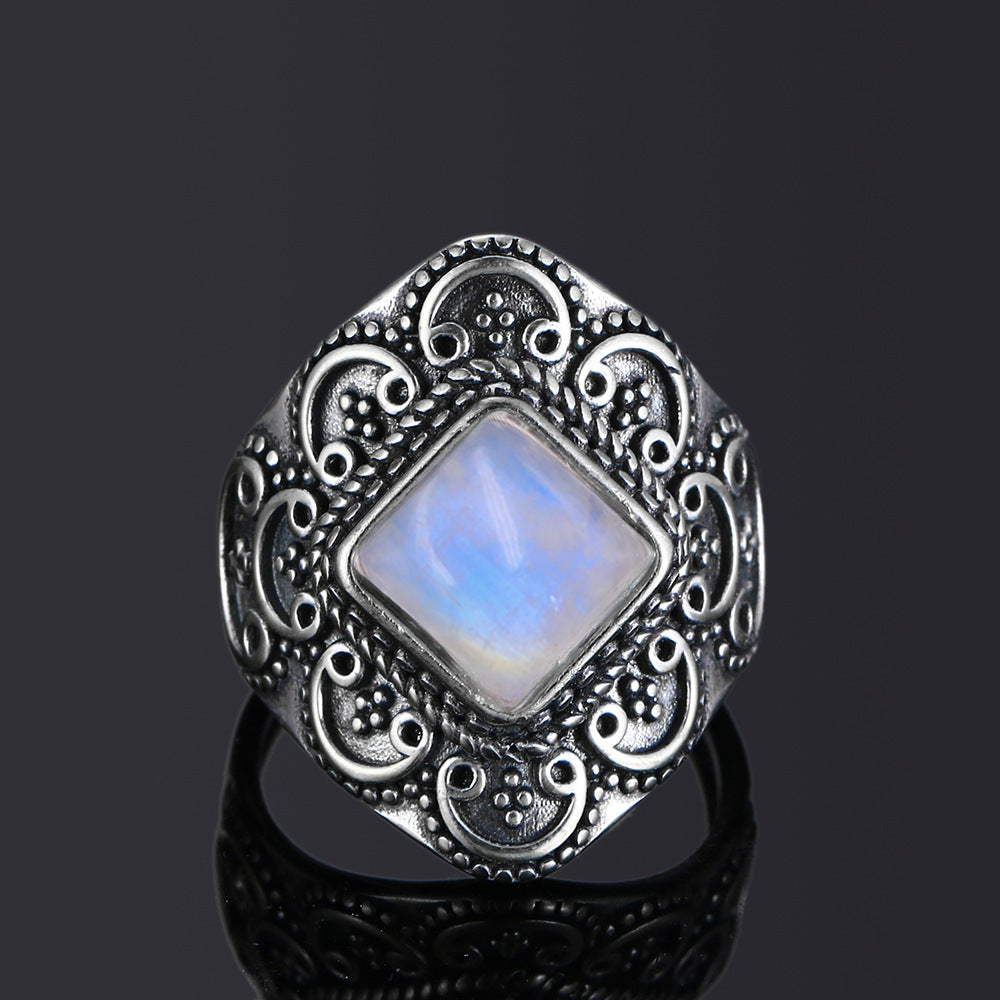 Vintage Ring Inlaid With Natural Blue Moonstone Gem For Women Individually Packed Ring National Style Geometry
