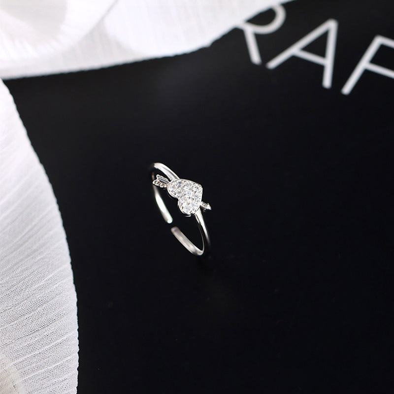 Womens Adjustable Open Ring With Love Heart Inlaid Zircon Gemstone Korean Design Anniversary Gift To Her White