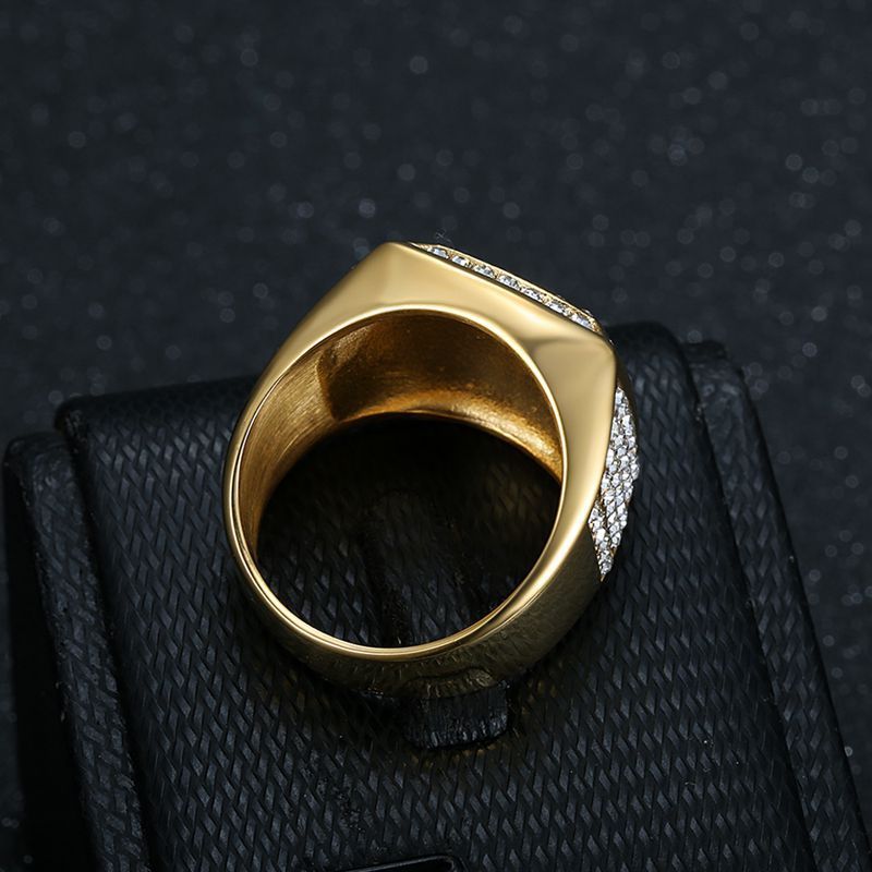 Men's Titanium Steel Ring with Rhinestone Square Gold or Steel Finish Band Ring for Him