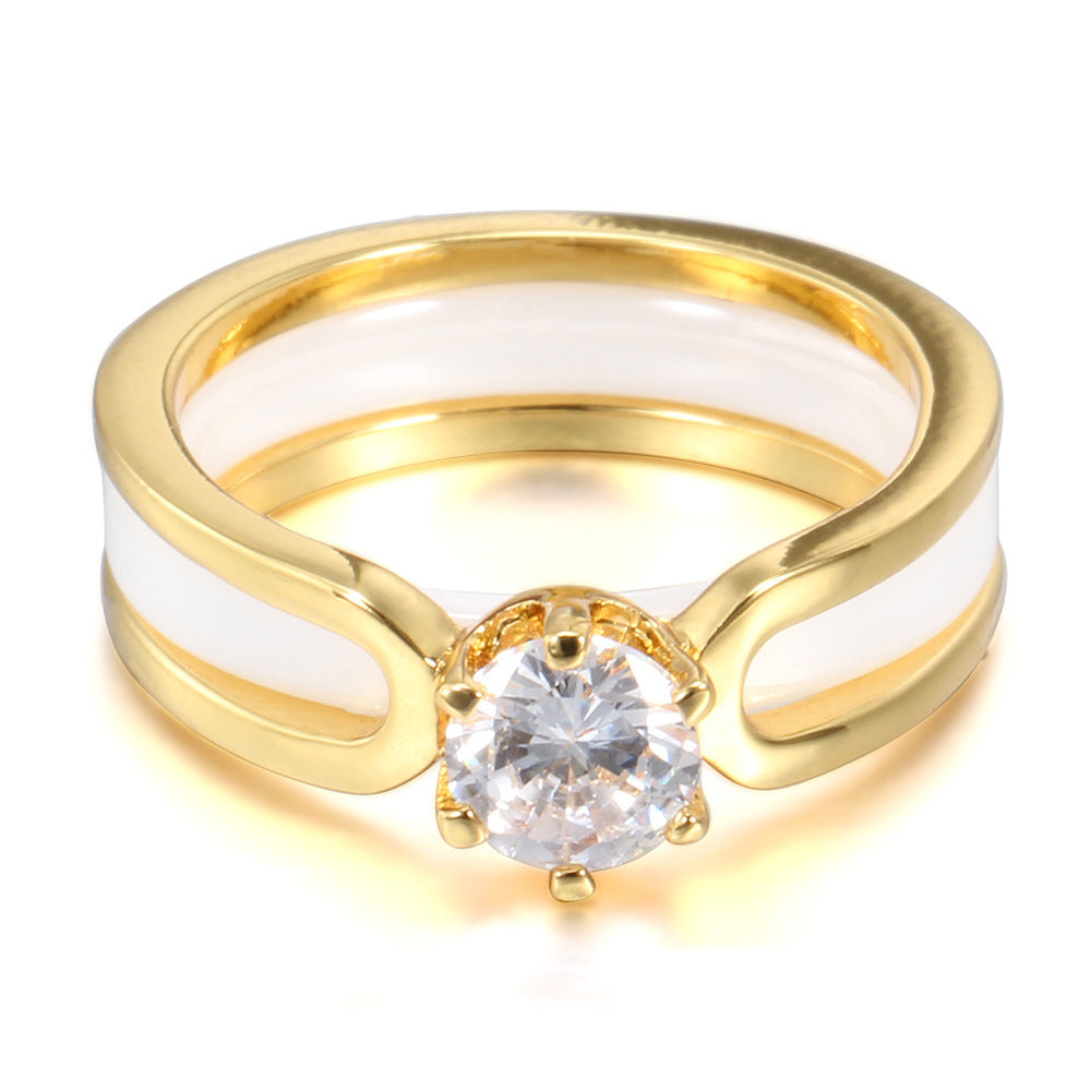 Womens Ceramic Ring Set Geometric Rings Set Gold Plated Inlaid Gemstones Semi Precious Stones Black Split Ring