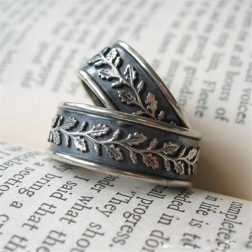 Vintage Silver Leaf Ring Alloy Fashion Jewelry For Men And Women With Gem Inlay Artificial Gemstone Inlay Rings Classic