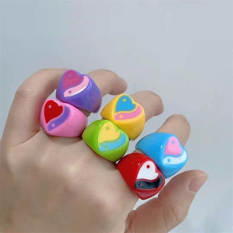 Geometric Resin Ring With Heart Eight Diagrams Design Fashion Ring 17mm Inner Diameter Yellow Red Purple Color
