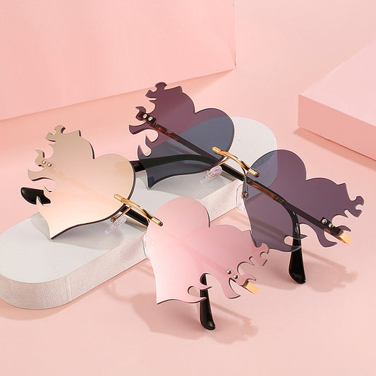 Metal Frame Sunglasses With HD Lenses Eye Protection Heart Fire Design Universal Fit For Women And Men All Day